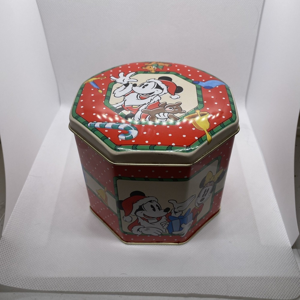 Vintage DISNEY MICKEY & MINNIE MOUSE CHRISTMAS HOLIDAY OCTAGON CANDY TIN BOX